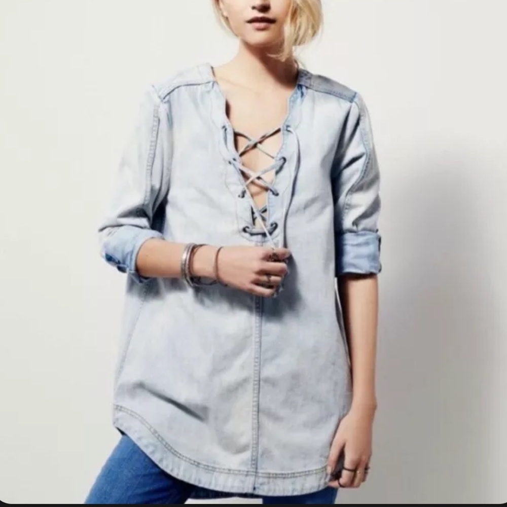 Free People Indigo Lace Up Denim Tunic in Blue Sky Light Wash Size Small